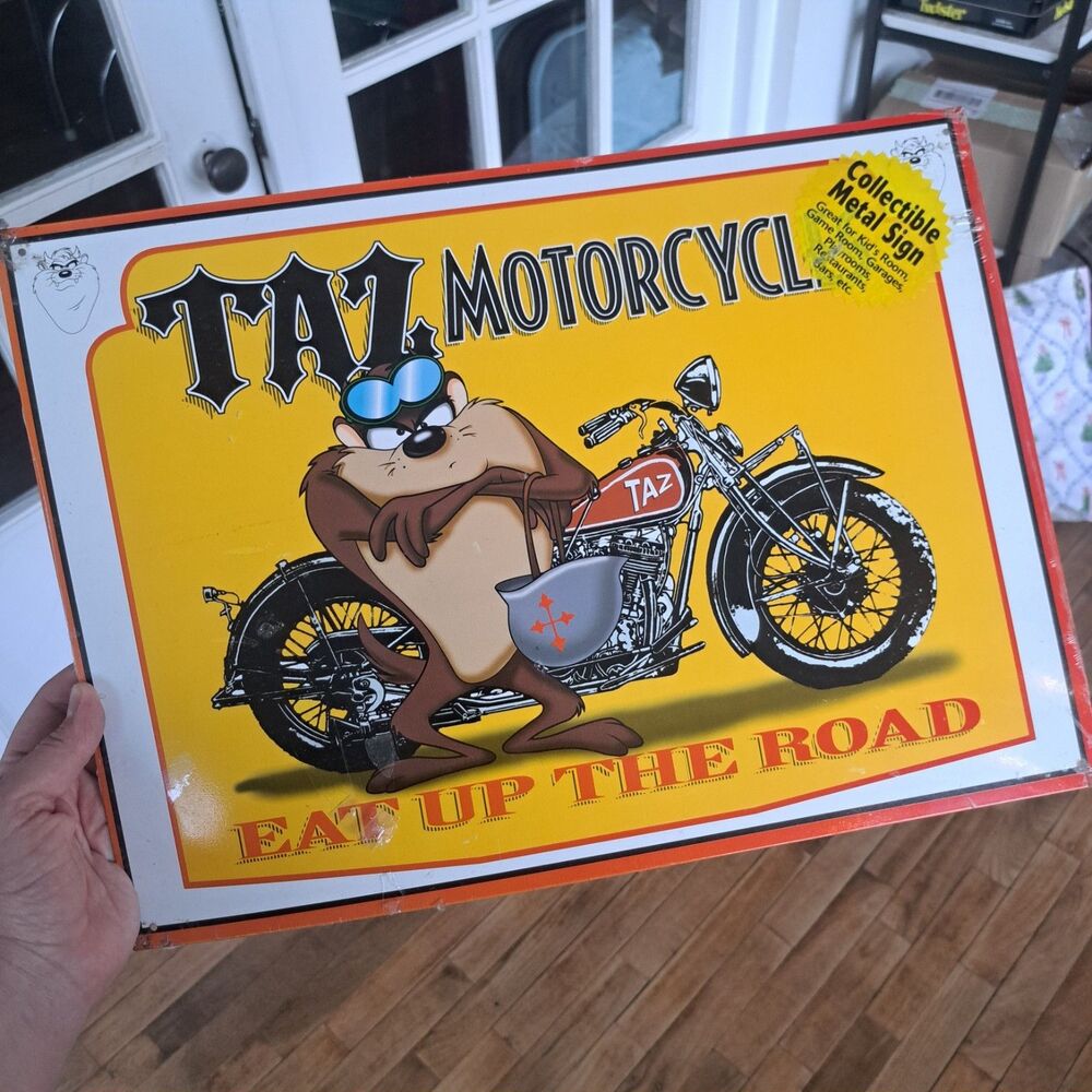 NEW Sealed Taz Motorcycles Eat Up The Road Metal Yellow Tin Sign 17x12 1997 USA